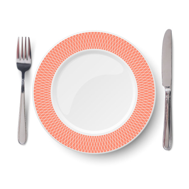 空向量橙色与几何白色图案和刀叉孤立在白色背景。从以上观点。图片下载