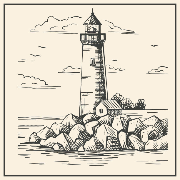 灯塔在多岩石的海岸上。手绘草图。复古风格。颜色向量插图。图片下载