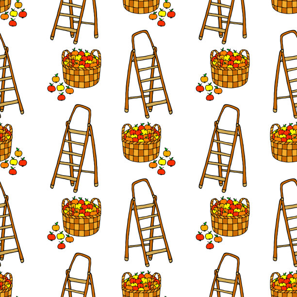 矢量无缝插图与篮子装满苹果和梯子在白色的背景。图片下载