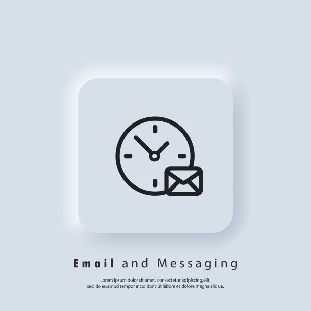 邮件和消息图标。带时钟的信封。邮件图标。电子报Logo。邮件营销活动。矢量EPS 10。UI图标。拟物化UI UX白色用户界面Web按钮。图片下载