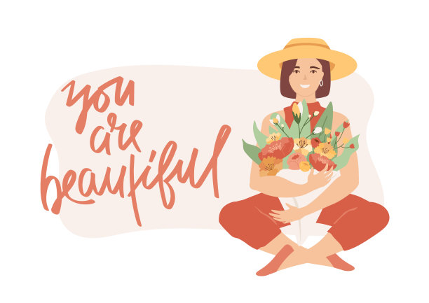 年轻女子戴着夏天的帽子坐着做瑜伽姿势，手里捧着茂盛的花束。横幅，卡片，传单与手绘文字你是美丽的。图片下载