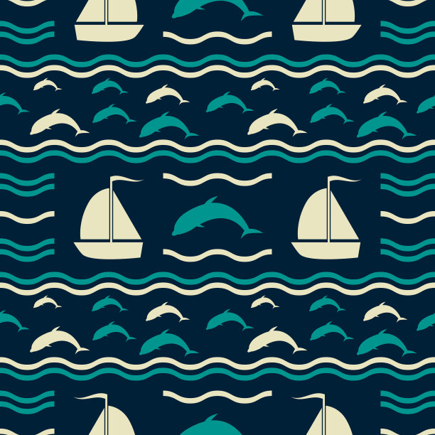 海浪，海豚和帆船的航海模式图片下载