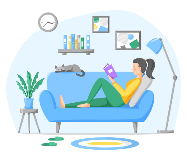坐在沙发上看纸质书的女人。客厅内部有沙发，家用植物和宠物。在家休息和休闲时间。矢量插图在平面风格。图片下载