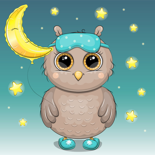 一只可爱的卡通猫头鹰戴着睡眠眼罩，穿着拖鞋，手里拿着一个气球。图片下载