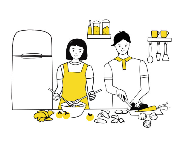 年轻夫妇一起在厨房做饭。女人拌沙拉，男人切菜。爱和关系，一起做家务。线条艺术，矢量插图图片下载