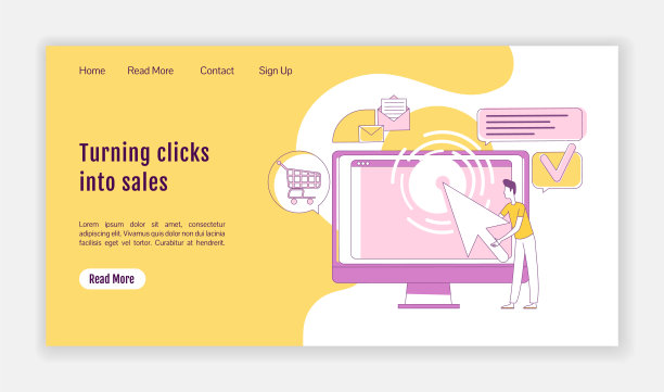 将点击转换为销售着陆页面平面轮廓矢量模板。PPC营销主页布局。一页网站界面与卡通轮廓字符。流量生成网页横幅、网页图片下载
