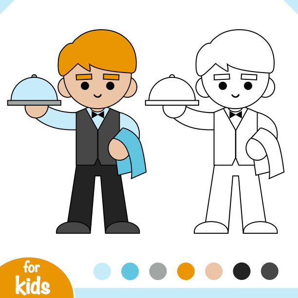 涂色书，服务生拿着餐巾和盘子图片下载