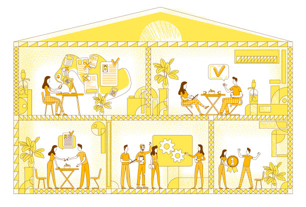 商业工作场所平面剪影矢量插图。公司员工在黄色背景上勾画人物轮廓。企业工作空间、办公会议室及休闲区等简约风格的绘图图片下载