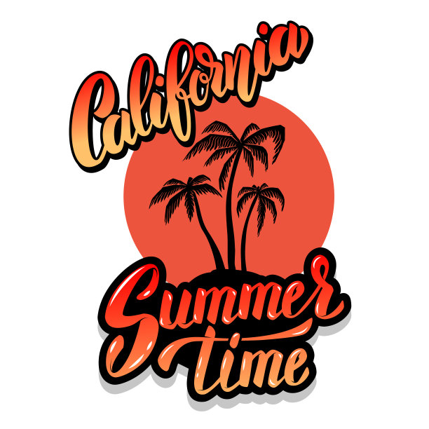 加州夏令时间。纹章模板与波浪和手掌。海报、卡片、横幅、标志、会徽的设计元素。矢量图图片下载