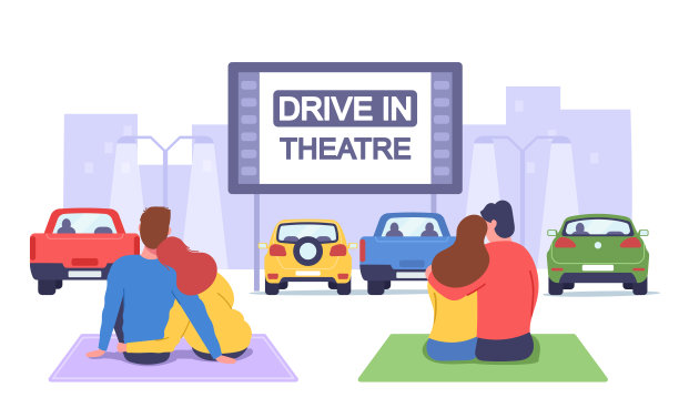 情侣在汽车电影院。在汽车影院浪漫约会，坐在格子布上看电影图片下载