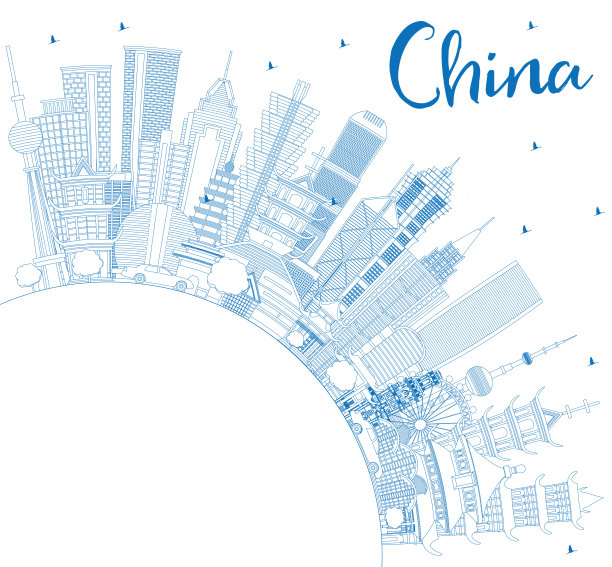 用蓝色建筑和复制空间勾勒中国城市天际线。中国的著名地标。图片下载