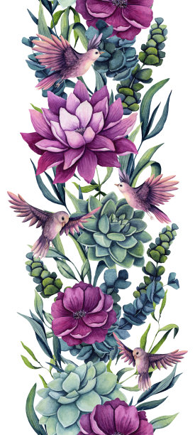 垂直水彩无缝边界的鸟和花图片下载