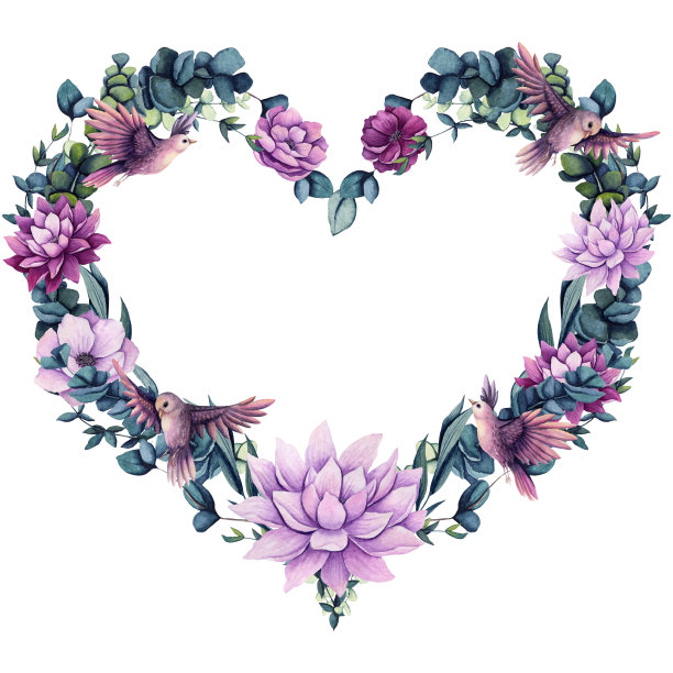 心形花环与水彩花鸟图片下载