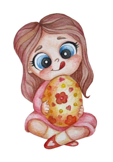 漂亮的女人复活节。一个伸出舌头的可爱女孩坐在那里，舔着她的嘴唇，手里拿着一个大复活节彩蛋。复活节卡片快乐和美味的复活节。水彩。手绘图片下载