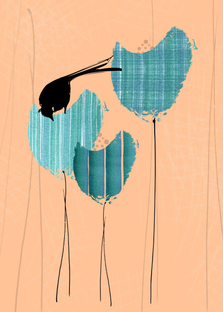 一只鸟停在抽象的花朵上。中性背景上的织物纹理。图片下载