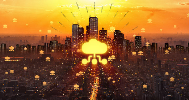 云计算符号照耀城市。技术的概念。图片下载