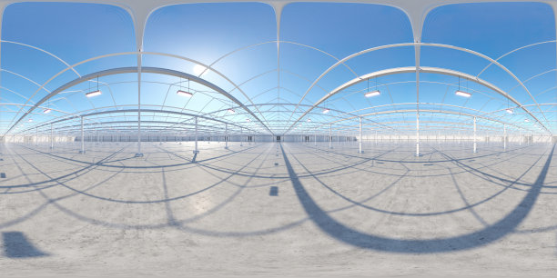 大型工业温室HDRI：水培蔬菜工厂，绿色沙拉农场，水泥地面3D渲染图片下载