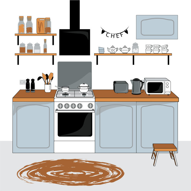 舒适和现代的厨房。厨房设置为灰蓝色，配有电器。煤气灶，微波炉，水壶，烤面包机和配件。图片下载