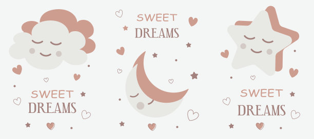 可爱的婴儿卡片与睡意朦胧的星星，云彩，月亮在柔和的颜色。用于打印儿童的卧室画，笔记本，装饰枕头。图片下载