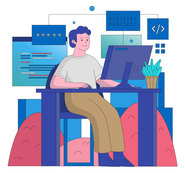 年轻的程序员，台式电脑的孩子。平面设计说明。向量图片下载