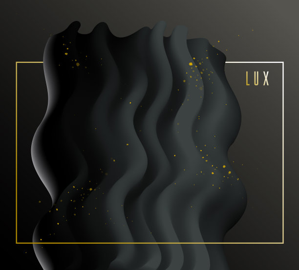 黑色渐变与金色颗粒元素矢量抽象背景，三维流体形状中的动态运动，奢华时尚主题设计。图片下载