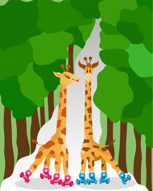 有趣的卡通长颈鹿在公园里滑旱冰。儿童插图动物参加体育运动。可爱的可爱的长颈鹿。长颈鹿在滚筒上。矢量插图。图片下载