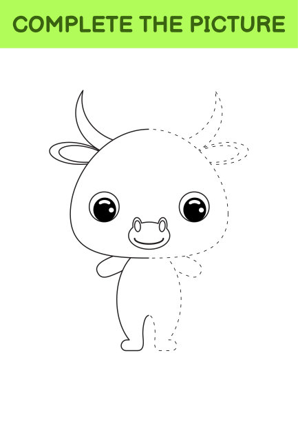 完整画的可爱的公牛。彩色的书。点复制游戏。书法练习，绘画技巧训练。教育开发可打印的工作表。活动页面。矢量插图。图片下载