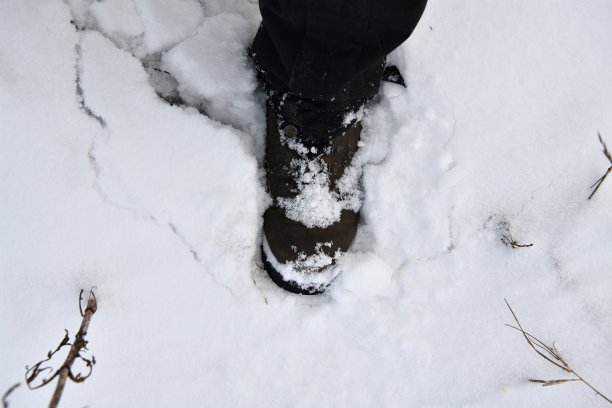 在冬天雪地里徒步旅行的靴子顶视图图片下载