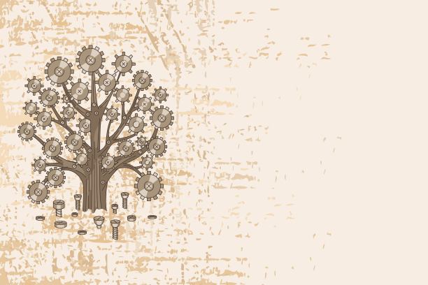 蒸汽朋克。带齿轮的抽象金属树。图片下载
