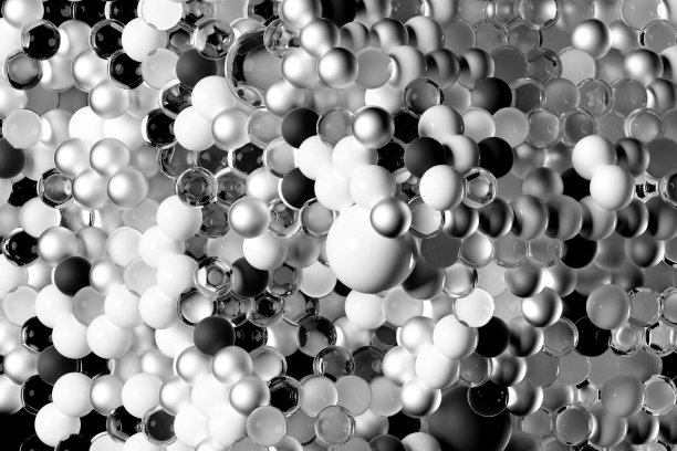 3d渲染与黑白单色抽象艺术超现实3d背景基于小和大的球球或气泡马赛克在白色陶瓷玻璃和黑色哑光铝金属材料图片下载
