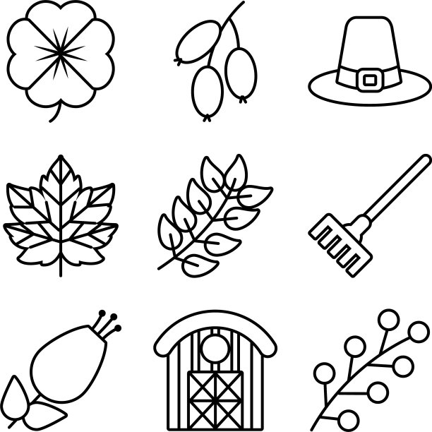 图标设置秋天和朝圣者的帽子线风格图片下载