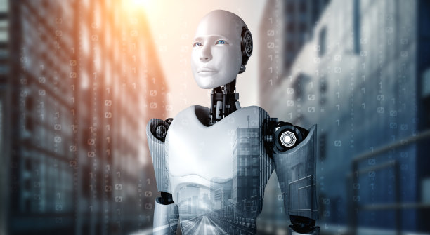 3D插图机器人人形展望城市景观天际线图片下载