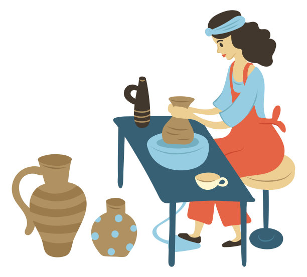 陶器爱好，妇女与陶罐与粘土图片下载