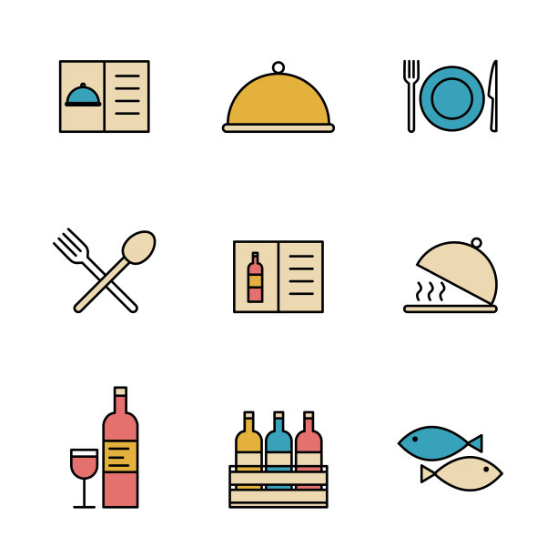一套简单的彩色餐厅用具图标在时尚的线条风格孤立在白色背景的web应用程序和移动概念。矢量图图片下载