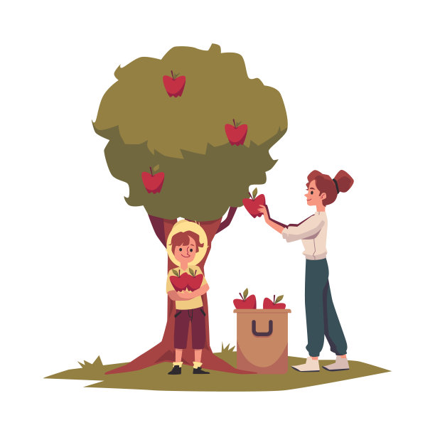 摘苹果——卡通女人和孩子在花园里摘树图片下载