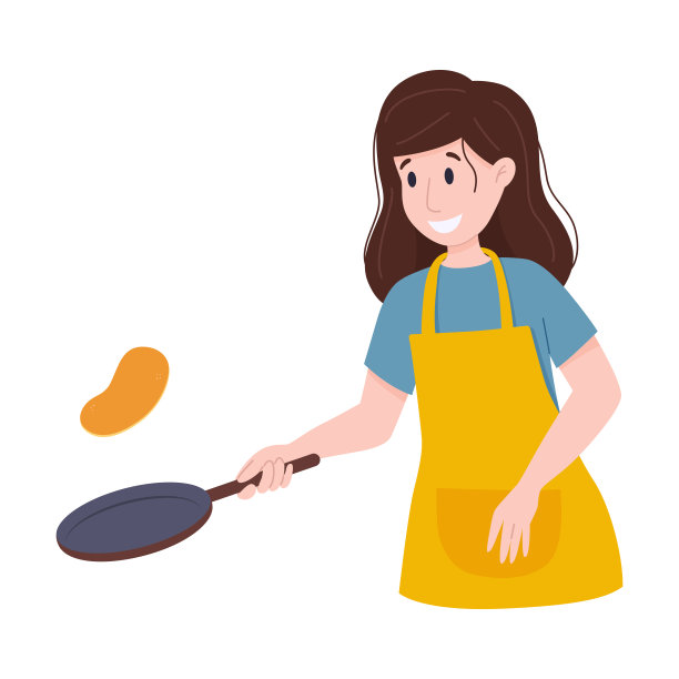 女人在煎锅里煎薄饼。在空中翻薄饼。图片下载