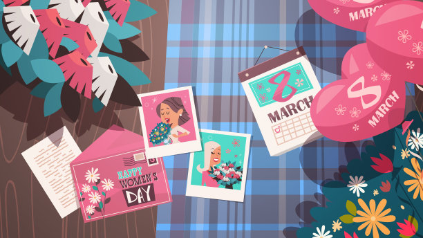 3月8日妇女节节日庆祝概念照片、信封、日历、鲜花和气球放在木桌上图片下载