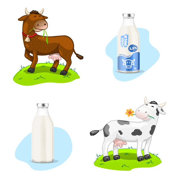 两只卡通奶牛和3D奶瓶。矢量插图。图片下载