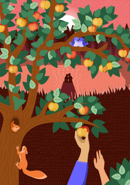 秋夏心情舒畅手绘秋季自然海报。相爱的夫妇在日落湖码头上拥抱。成对的松鼠在洞里，鸟在树枝上。男人和女人的手都要去拿苹果图片下载