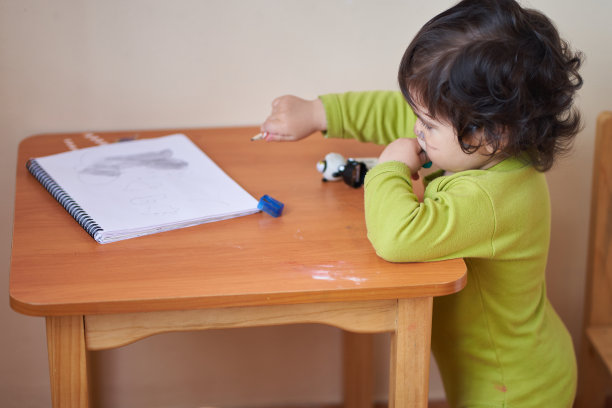 一个穿着绿色t恤的男孩站在桌子前，手里拿着一支石墨铅笔，指着笔记本。图片下载