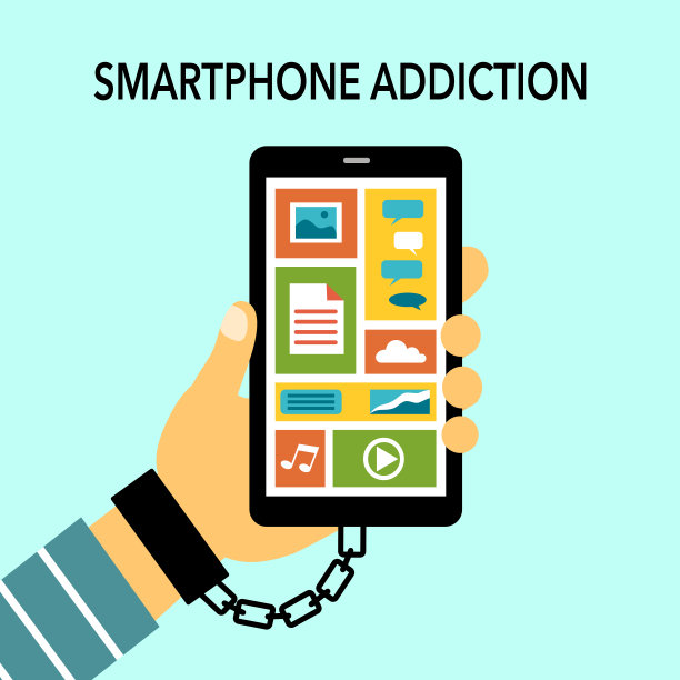 智能手机成瘾概念矢量插图。手持手机与社交网络，屏幕上的移动应用程序。图片下载