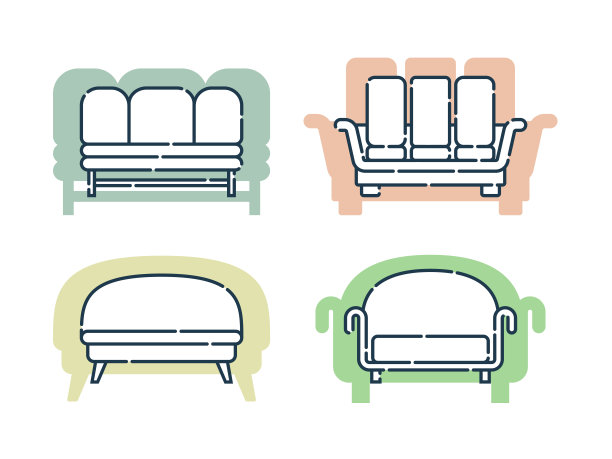 四个舒服的带枕头的沙发。平面插图与靠垫形状背景。现代时尚的休闲物件。设置图像的沙发在线条艺术风格。室内元素家具图片下载