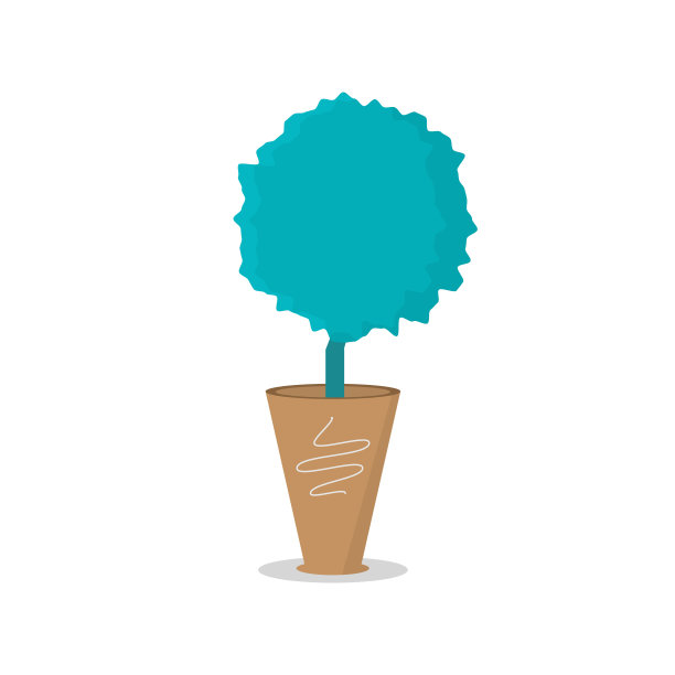 花盆中的现代绿色花朵。花朵是圆形的，经过变形。花盆里植物的现代图像。平面矢量插图图片下载