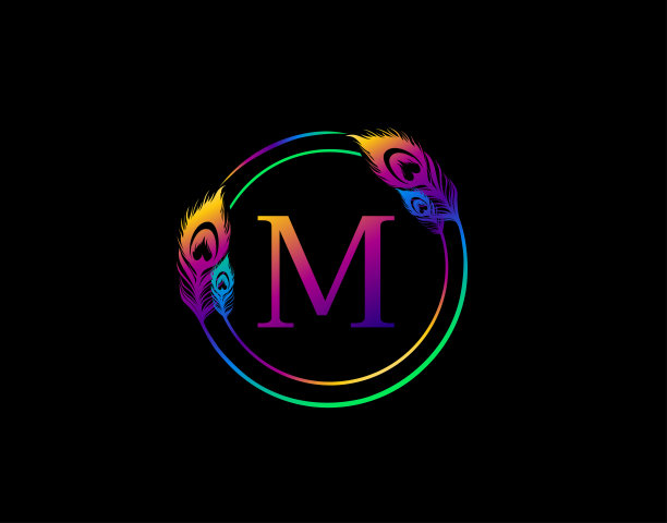 圆孔雀羽毛徽章M字母图标设计。图片下载