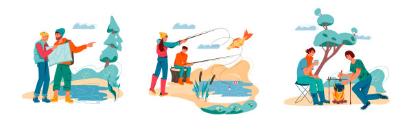 集游客和露营者，徒步旅行者卡通人物，平面矢量插图孤立。图片下载