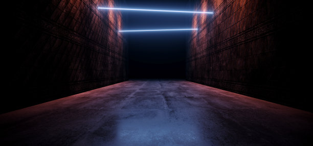 黑暗霓虹科幻未来派发光的蓝色橙色灯走廊隧道地下仓库石头中世纪墙壁水泥混凝土垃圾地板3D渲染图片下载