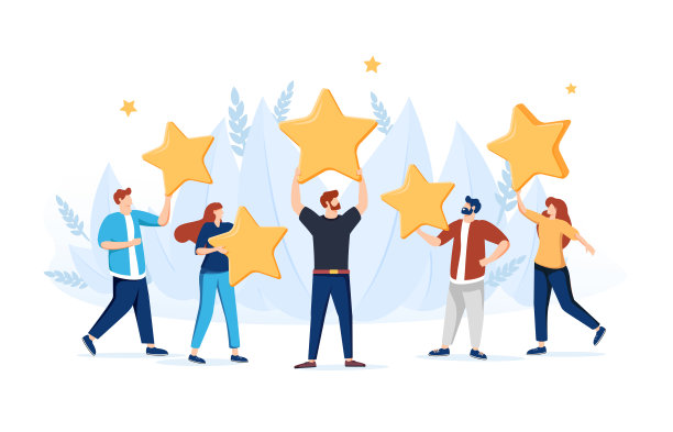 人们拿着星星，给予五星反馈。客户选择满意度评分并留下正面评价。图片下载