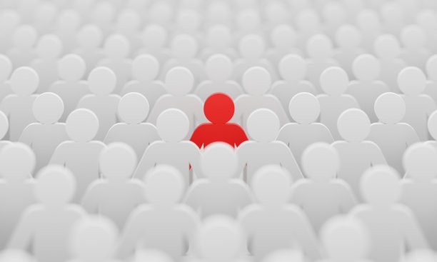 红人彩色雕像在人群中以白人为背景。社会生活方式，商业竞争和陌生人的概念。人物象征主题。3 d图呈现。图片下载