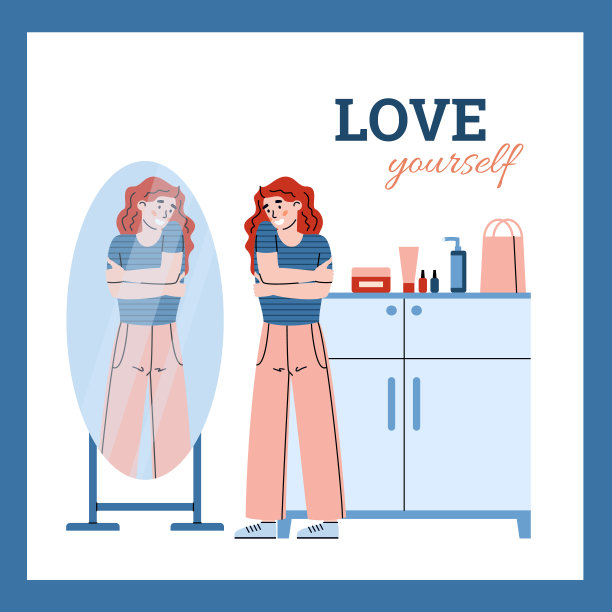 微笑积极的年轻女子欣赏镜中的映像。图片下载