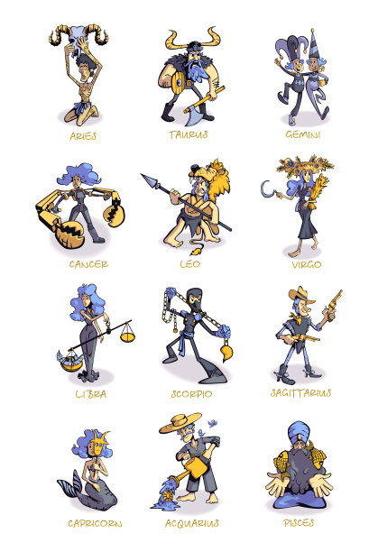 生肖特征平面卡通矢量插图工具包。星座日历象征个性。可以使用2d漫画角色集模板用于商业，动画，打印图片下载